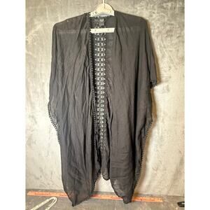 Rachel Zoe Black Sheer Kimono Lace Trim Open Front Boho Duster OS One Size